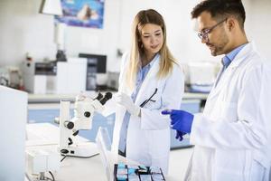 Group of young researchers analyzing chemical data in the laboratory photo