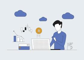 comerciante hombre bitcoins vector de línea plana moderna