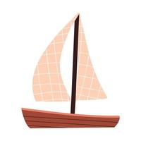 Wooden ship with sails. Small toy boat. Sea transport. Vector stock illustration in flat style.