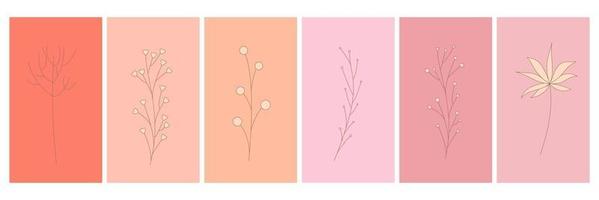 Abstract elements, minimalistic simple floral elements. leaves and flowers. Collection of art posters in pastel colors. design for social networks, postcards, prints. Outline, line, doodle style. vector