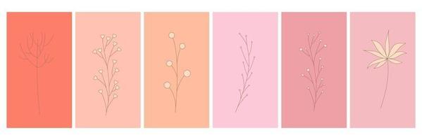 Abstract elements, minimalistic simple floral elements. leaves and flowers. Collection of art posters in pastel colors. design for social networks, postcards, prints. Outline, line, doodle style. vector