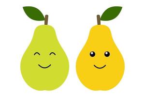 Green and yellow pear. Cute smiling kawaii child character. Happy food. Cartoon flat style. Isolated on a white background. Vector illustration.