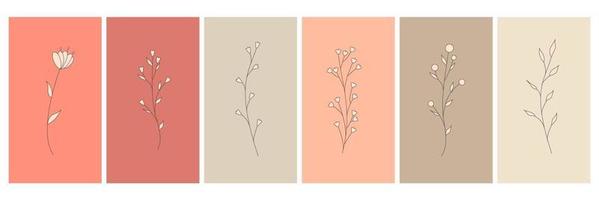 Abstract elements, minimalistic simple floral elements. leaves and flowers. Collection of art posters in pastel colors. design for social networks, postcards, prints. Outline, line, doodle style. vector