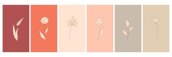 Abstract elements, minimalistic simple floral elements. leaves and flowers. Collection of art posters in pastel colors. design for social networks, postcards, prints. Outline, line, doodle style. vector