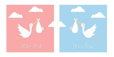 Flat illustration of The Storks carrying baby. Good to use for baby shower card or nursery wall art.