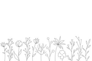 siluetas negras de hierba, flores y hierbas. elementos florales simples minimalistas. botánico natural. boceto gráfico. flores dibujadas a mano. diseño para redes sociales. contorno, línea, estilo doodle. vector