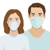 hombres y mujeres que usan mascarillas médicas para prevenir enfermedades, gripe y contaminación del aire. vector