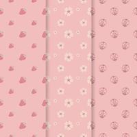 collection of seamless floral pattern in pink with ladybugs, cherry blossom and strawberries vector