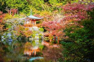 hermoso templo daigoji con coloridos árboles y hojas en la temporada de otoño foto