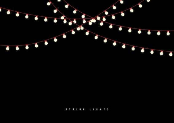 Outdoor string lights isolated on black background.