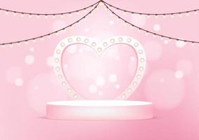 Empty round stage with heart shaped arch illuminated by light bulbs. pink studio background for product display. vector