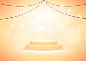 Empty round stage or podium illuminated by light bulbs. Yellow studio background for product display. vector