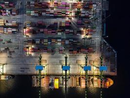 Jakarta, Indonesia 2021- Aerial view of Container ship loading and unloading in deep sea port, logistic import and export freight transportation by container ship in open sea at night photo