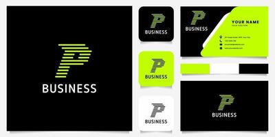 Bright Green Arrow Rounded Lines Letter P Logo in Black Background with Business Card Template vector