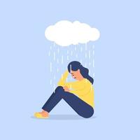 Young woman sitting under the rain, depression concept. Depressed, unhappy girl, woman sitting under rain cloud. vector