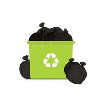 Overflowing green garbage bin with household waste isolated on white background. vector