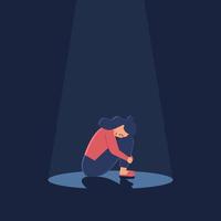 Sad crying lonely young woman sitting on floor in spotlight. Depressed unhappy girl. Female character in depression, sorrow, sadness. Mental disorder or illness. vector