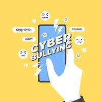 Cyber bullying concept. Hands holding smart phone with cyber bullying message. vector