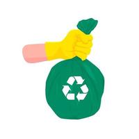 Hand was wearing yellow gloves and was carrying a green recycle garbage bag. vector