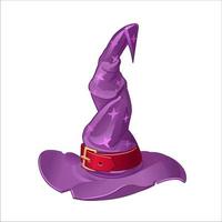 Purple wizard hat with shining stars and with a red belt on a white background. Isolated. Vector illustration