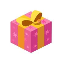 Purple shiny box with gifts, with a gold ribbon and stars on a white background. Isolated. Vector isometry illustration