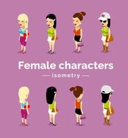 Female characters on a colored isolated isometric background. Vector illustration