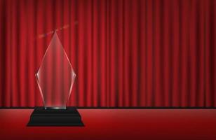 real 3d transparent acrylic trophy with red curtain stage background vector