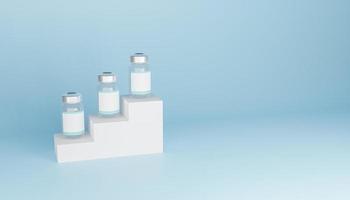 maqueta de botellas de vacuna con etiqueta en blanco en un podio y copyspace, 3D Render foto