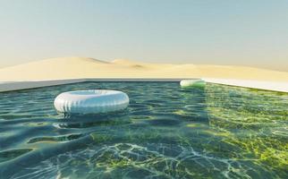 Green background pool in a dune desert with clear sky and floats in the water, 3d render