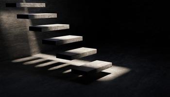 Gray cement floating stairs in dark room with light coming in from above, 3d rendering