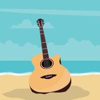 Diseño de guitarra acústica con fondo de playa en verano. vector