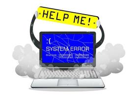 broken laptop error screen  with help me banner vector