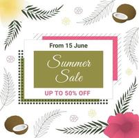 Banner de venta de verano con coco, flores tropicales y hojas de palmera. diseño floral exótico. perfecto para pancartas, volantes, invitaciones, carteles, sitios web o tarjetas de felicitación. vector