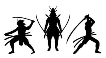 Tres silueta de postura de samurai un fondo blanco. vector