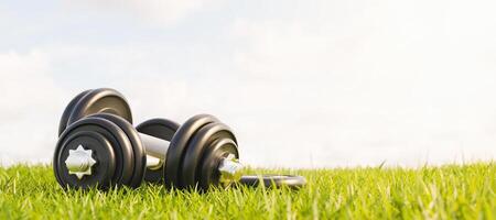 Metal gym dumbbells stacked on grass in a park with sunny sky, 3d render photo