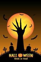 Halloween background with demon hand in graveyard vector