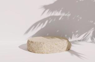 Roca solitaria para la presentación del producto sobre fondo blanco con sombras de hojas de palmera, renderizado 3d foto