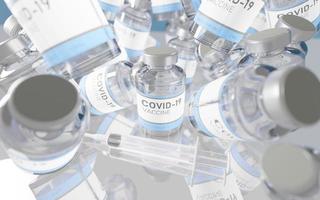 Many vials of coronavirus vaccine falling on glass with reflections and syringe, 3d render