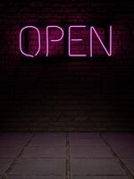 3d representation of a neon sign with the word OPEN in pink light on a brick wall and gray slab floor photo