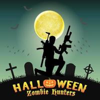 cazador de zombies de halloween con rifle en el cementerio vector