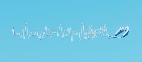 Auriculares con cable haciendo una onda de sonido sobre un fondo azul, renderizado 3d
