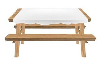 wood picnic table with white tablecloth vector