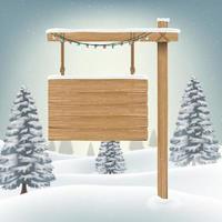 christmas hang wood board sign in snow forest vector