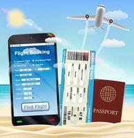 teléfono inteligente con aplicación de reserva de vuelos en línea en la playa
