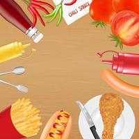 chicken french fries sausage tomato pepper sauce vector