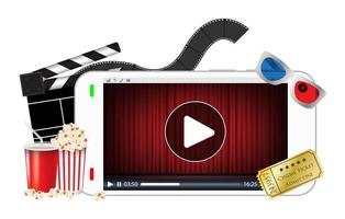 smartphone playing a streaming video with popcorn ticket film 3d glasses vector