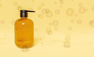 Botella de gel de mano sobre fondo amarillo con pompas de jabón a su alrededor, 3D rendering