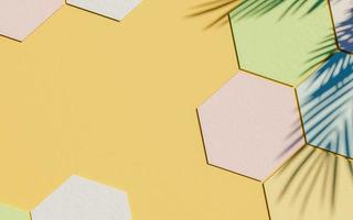 Fondo de hexágonos de cartón con color pastel y sombra de palmera con espacio de copia, render 3d foto