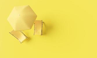 Yellow chairs and umbrella on yellow background, 3d rendering
