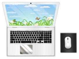 top view real white laptop computer with mouse vector